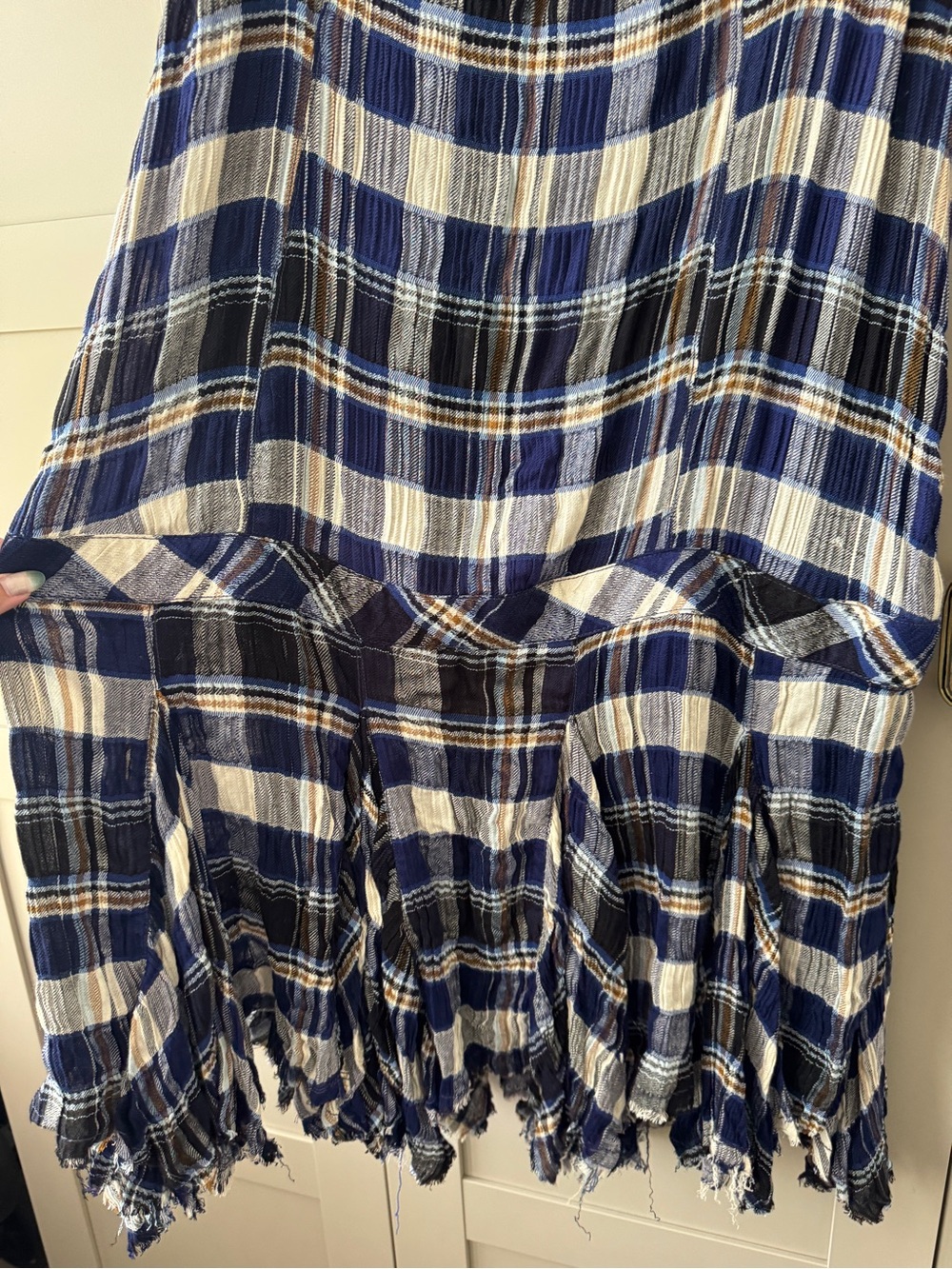 Free People Bordeaux Plaid Maxi Skirt Billowy Column Fit Navy Blue Combo Frayed - Picture 2 of 8